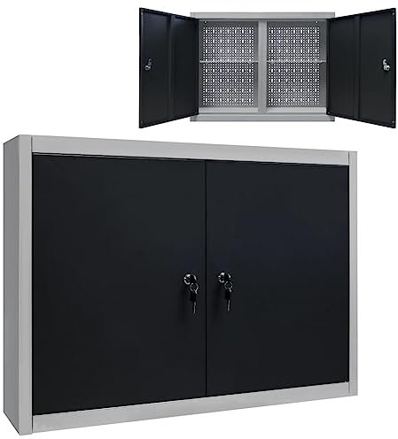 Makastle Metall Hängeschrank, 2 Abschließbare Türen, 2 verstellbaren Fachböden, Werkstattschrank, zur Wandmontage, Werkzeugschrank, Stahlschrank, Grau und Schwarz 80 x 19 x 60 cm