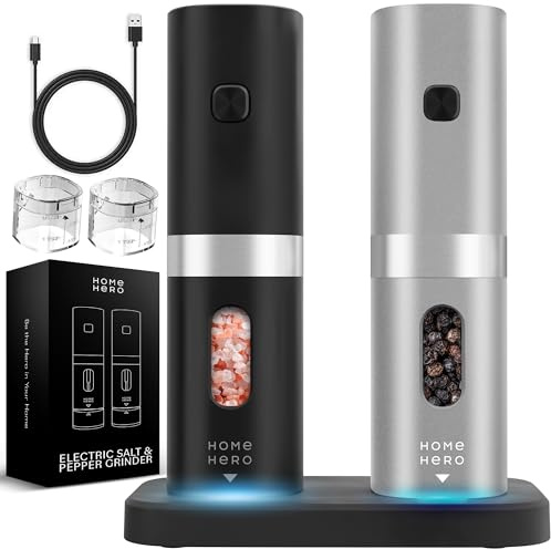 Home Hero Electric Salt and Pepper Grinder Set - Automatic Salt and Pepper Grinder Set Rechargeable. Electronic Salt and Pepper Shakers with LED Light, Electric Pepper & Salt Grinder, Set of 2
