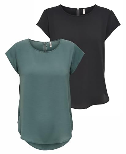 ONLY Damen ONLVIC S/S SOLID 2 Pack TOP, Blusenshirt, Kurzarm, Black/Balsam Green, 44