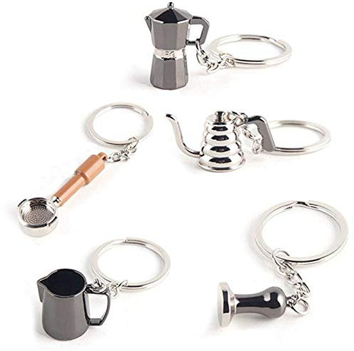 Blmirror 5PCS Coffee Tamper Keychain Espresso Portafilter Moka Pitcher Keyring Portable Coffee Accessories Gift