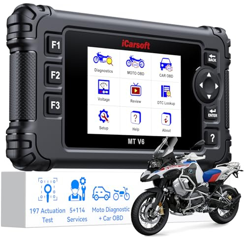 iCarsoft MT V6 Motorrad Diagnosegerät für BMW Komplettsystem 5+114 Reset/197 Betätigungstest Motorrad + Auto OBD2 Scanner Codeleser mit ABS Entlüftung, Öl-Reset