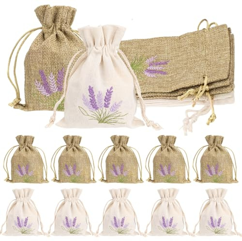 12 Pieces Sachet Lavande Vide, Sachet de Lavande avec Cordon sur Le Dessus, Sacs en Tissu Sachet Coton pour Aux épices, Cadeaux, Mariage, Bijoux et aux Herbes(Blanc et Lin)