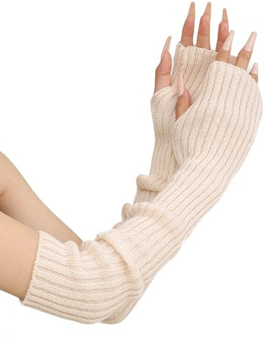 AWOCAN Lange Fingerlose Weiche Winter Warme Handschuhe - Gestrickt Warm Weben Armstulpen Daumenloch Handschuhe (BEIGE)