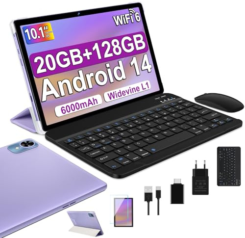 fezawio Tablette 10 Pouces Tablette Android 14 Tablette Tactile 20GO RAM + 128GO ROM (1tb TF) Widevine L1/ 5GWiFi 6/ Bluetooth 5.0/Octa-Core Tablette avec Clavier et Souris -Violet