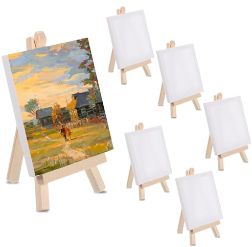 6 Stück Mini Leinwand mit Staffelei, 10 x 10cm Kleine Leinwände mit 15 x 8cm Faltbarer Dreieckiger Ständer Holz Dreieck Tischstaffele für Malen Basteln Party Tisch Deko