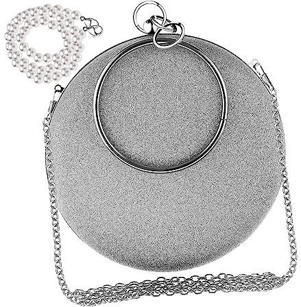 SHERCHPRY Elegante Damen Abendtasche Clutch Mit Rundem Handgelenkring Abnehmbarem Perlen Metallkettchen Mittelgroße Cocktail Clutch Für Hochzeit Party Und Festliche Anlässe Silber Weiß
