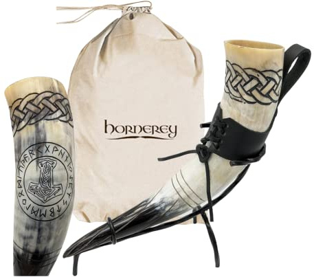 Hornerey Trinkhorn Set Thor's Horn mit Ständer und Gürtelhalter, 500 ml, Wikinger Trinkhorn Set mit Ständer und Gürtelhalter, Methorn, LARP, Horn
