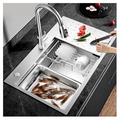 Fregadero de cocina plateado grande, fregadero de cocina de alta resistencia con desagüe completo, fregadero de cocina de acero inoxidable 304 para una bañera (B, 80 x 50 x 22 cm)