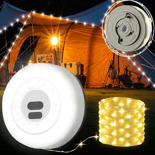 Yizhet Guirlande Lumineuse de Camping 2 en 1, 10M de Corde de Lumières de Camping Enroulable Blanc Chaud à 3 Modes, Rechargeable USB et Imperméable IPX4 pour Jardin Extérieur