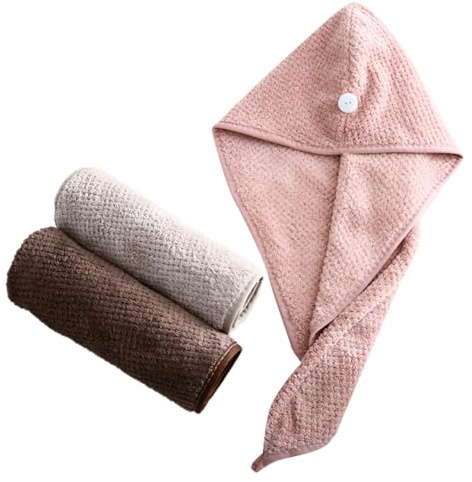 Schnelltrocknende Haartrockenhaube aus Korallenvlies | Super Saugfähig, für Zuhause und Reisen, Praktische 3 Stück-packung in Rosa, Beige, Kaffee