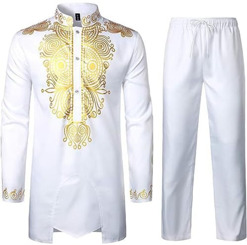 Generisch Karate Suit Men's Foreign Trade Ethnic Style Muslim Robe with Gold Long Sleeve Trousers Casual Suit Sweater Vest Children Boys, White, S