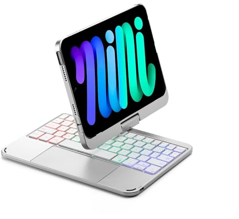 zienstar-Teclado Español con Funda Rotación 360° para iPad Mini 6th/7th (A17),8.3,Retroiluminado,Trackpad Click-Plateado