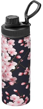 Bouteille d'eau isotherme en acier inoxydable avec motif fleur japonaise - 530 ml - Bouteille isotherme avec poignée de transport - Pour sport, école, voyage, salle de sport
