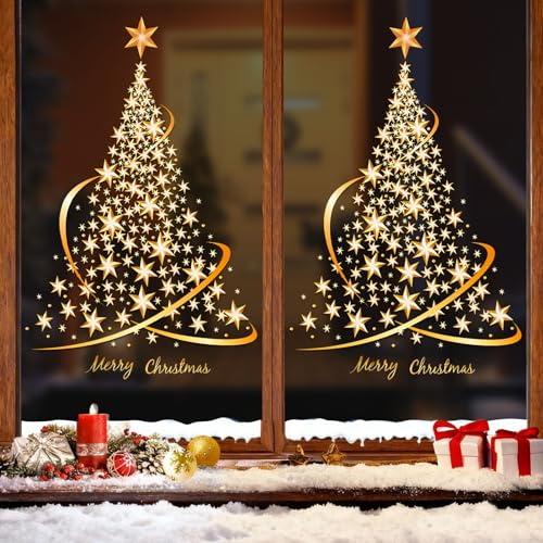 Aufkleber Weihnachten Fenster,Goldene Weihnachtsbaum Fensteraufkleber,Fensterbilder Weihnachten Gold,Christmas Window Stickers,DIY, Wand Fenster Türaufkleber für Schaufenster (2er-Pack).