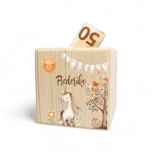Spardose Kinder aus Holz mit Schlüssel | Personalisierte Spardose Holz mit Premium Druck | Sparschwein Kinder, Sparbox zum Geldsparen als Kinder Geschenke für Mädchen & Jungen Motiv: Einhorn