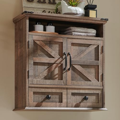 AetherWood Badezimmer-Wandschrank, Landhausstil, 24 Zoll breit, mit Schublade, verstellbarem Regal, doppelten Flügeltüren, Aufbewahrungsschränke für Badezimmer, Küche, rustikales Braun