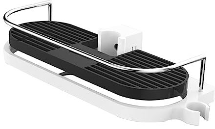Warmhm Support de Réglable sans Perçage avec Panier Drainant et Porte Douchette Barre Extensible Étagère Suspendue Aluminium pour Salle de Bain et Cuisine