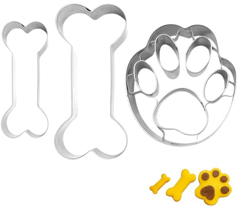 OUDQFCJ Moldes para Galletas de Perros 3 Piezas Set de Moldes de Acero Inoxidable para Galletas de Perro Forma de Huella y Hueso para Hornear y como Regalo para Amantes de los Perros