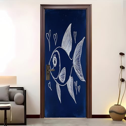 Handgemaltes Fisch-Muster Türtapete Selbstklebend TürPoster 3D Türaufkleber Blau Wasserfest Türfolie für Schlafzimmer Gang Tür Verschönern deko, Abnehmbar PVC Türaufkleber 90x200 cm