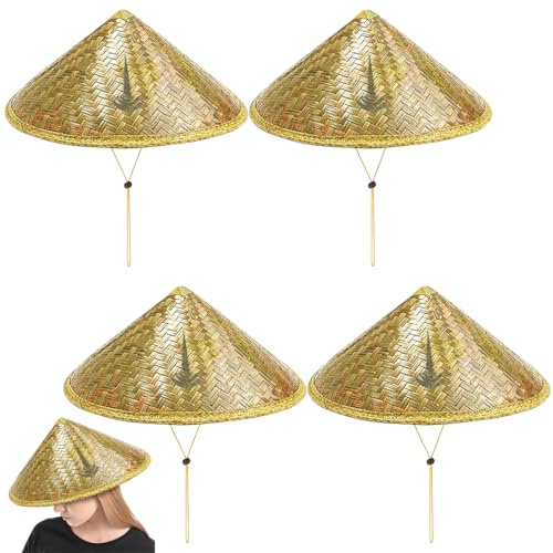 4 Pièces Chapeaux De Paille Vietnamien, Chapeaux De Paille Classique en Rotin, Chapeau De Pêcheur Chinois Rétro, Bob Tressé Fait Main avec Corde Réglable, Accessoire Costume Riz Conique Tissé