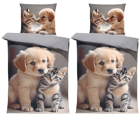one-home Winter Biber Bettwäsche Baumwolle Kuschelig Flauschig Warme Weiche Flanell Bettbezüge Modern, Größe:4 teilig 135x200 cm, Farbe:Hunde Katzen Welpen grau