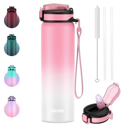 Botella de agua SLUXKE de 1L aislada con pajita, botellas de agua de acero inoxidable de 32 onzas con correa de transporte, libre de BPA, botella de doble pared con pajita perfecta para deporte