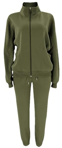 rismart Donna Set Tuta Felpa con Zip Integrale e Pantaloni Jogger Ginnastica Lounge con Tasche, Verde Militare, L