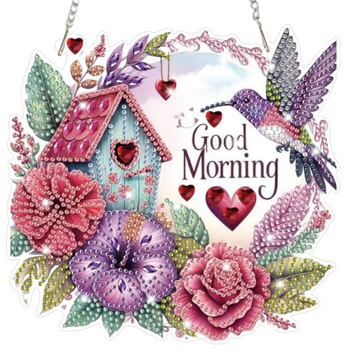 Lxmsja Birds Diamond Art Hanging Kits for Adults, Good Morning Diamond Art Suncatchers Flowers, 5D Special Shape Diamond Painting Pendant Window Ornament Gifts for Home Door Wall Decor
