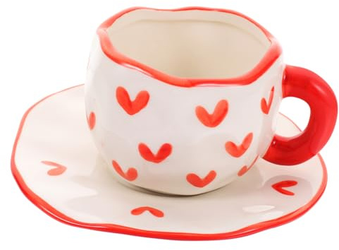 LOLIPPYY Set di Tazze da Caffè in Ceramica con Piattino Tazzine da Latte Dipinte a Mano a Forma di Cuore 201-300Ml Ergonomiche e Resistenti per Uso Quotidiano e Regali