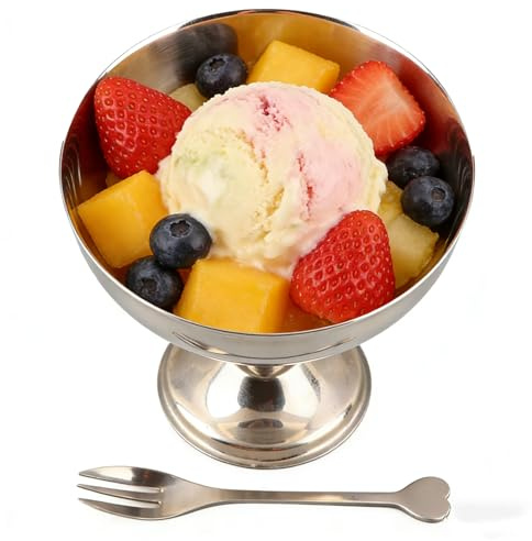Buachois Inoxidable Taza de Helado de Acero, Reutilizable Copa de Postre Retro con Base Vaso de Helado Para Ensalada Pudín Cuenco Incluye Cuchara o Tenedor Servir Postres para Comer en Casa y Fiestas