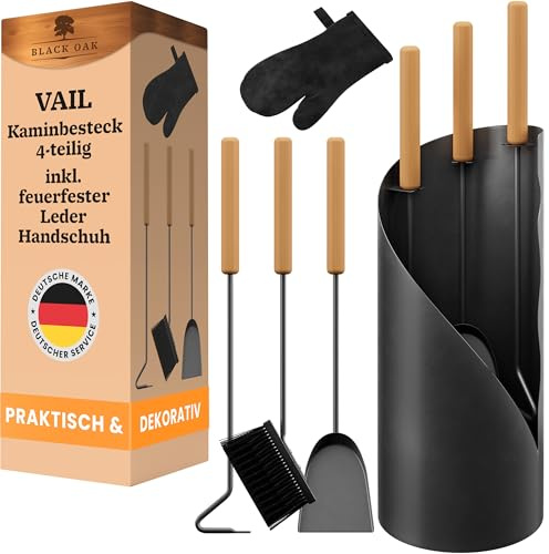BLACK OAK Kaminbesteck VAIL 4-teilig mit Lederhandschuh Ofenbesteck Set | - modern schwarz mit Holzgriff 4 teilig mit Schürhaken Ascheschaufel Kaminbesen + Ständer modern Stahl - Kaminzubehör Ofen