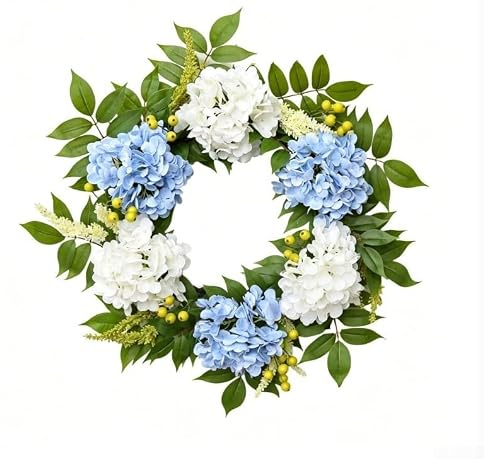 Corona de hortensias artificiales de 40 cm, anillo realista de vid de flores blancas y azules para decoración del hogar y jardín, colgantes de puerta delantera estilo granja para bodas y vacaciones