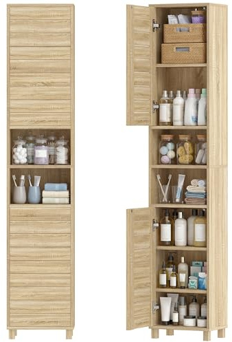 HOMCOM Armario de Baño Alto para Espacios Pequeños 34x23x170 cm Natural