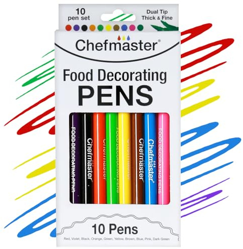 Chefmaster - Food Decorating Pens - Edible Markers - 10 Pack - Dual-Tipped Pens, Fade-Resistant Color, Easily Decorate Desserts - Made in the USA