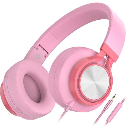 AILIHEN C8 Kopfhörer mit Kabel und Mikrofon, faltbar und verstellbar, On-Ear-Headsets, Lautstärkeregelung, HD-Stereo-Sound, 3,5-mm-Klinkenstecker für Chromebook, Laptop, Smartphone（Rosa）