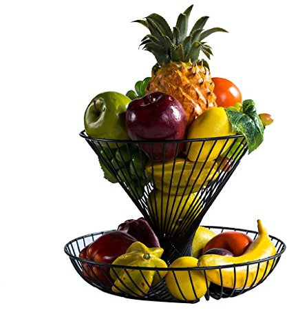 Art de fer Double couche Plateau de fruits, Multifonction Haute capacité Corbeille de fruits, Fruits ménagers Étagères de rangement (Couleur : Noir)