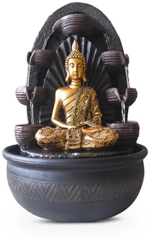 Fuente de Interior de Pared de Agua, Cascada, Jarra, Estatua de Buda extraíble, luz LED Colorida, Gran decoración de Mesa, Oficina, salón, Fuente de Felicidad, Circuito Cerrado, 40 cm de Altura –