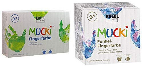 Kreul 2316 - Mucki leuchtkräftige Fingerfarbe, parabenfrei, glutenfrei, laktosefrei & 2318 - Mucki schimmernde Funkel - Fingerfarbe, parabenfrei, glutenfrei, laktosefrei