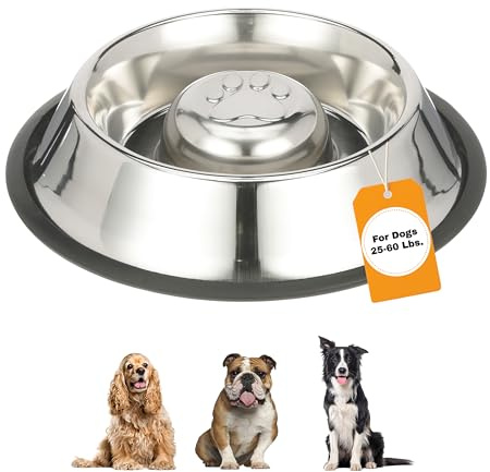 Neater Pet Brands Stainless Steel Slow Feed Bowl - Non-Tip & Non-Skid - Stops Dog Food Gulping, Bloat, Indigestion, and Rapid Eating (3 Cup)