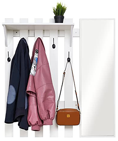 Meerveil Wandgarderobe mit Spiegel, Holz Garderobe mit 5 Haken Ablage Industriestil für Flur Eingangsbereich, 100 x 22 x 106 cm, Weiß