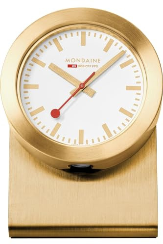 Mondaine Kleine Tischuhr mit Magnet, Gehäuse und Standfuß aus mattiertem, goldfarbenem Metall, Durchmesser: 50 mm, A6603031882SBG