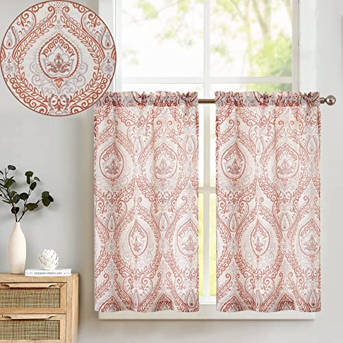 TOPICK Cortina de Cocina con Flores de Lino Vintage con Bolsillo para Varilla Translúcido Aptas para Cocina Salón Lavadero y Pequeñas Ventanas Rojo Juego de 2 Unidades 65 x 60 cm