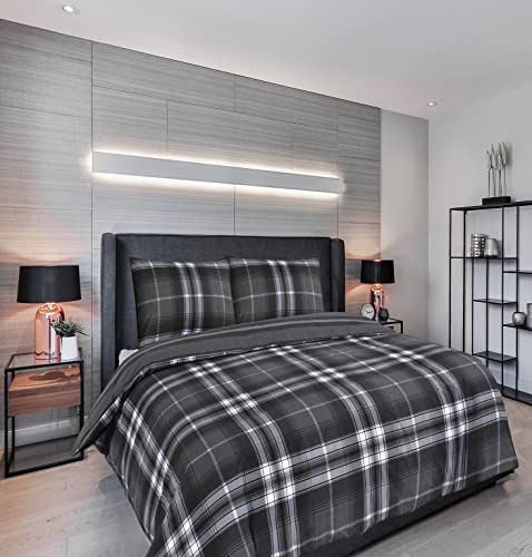 Charlotte Andersen Double Charcoal Grey Highland Tartan Check Duvet Cover, Reversible Easy Care Poly Cotton Bedding With Pillow Cases (Charcoal Grey, Double)