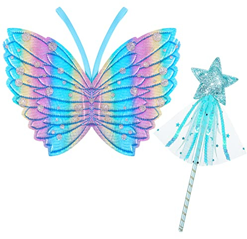 Dacitiery Kids Girls Fairy Wings and Wand Fancy Dress Set - Butterfly Wings, Magics Wand, Glitter Fairy Dress Up Fancy Accessory Costume for Girls Party