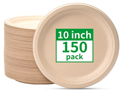 RACETOP Compostable Paper Plates 10 Inch [150 Pack], Disposable Biodegradable Heavy Duty Paper Plates, Made of Natural Sugarcane Fibers, Unbleached Brown, Round
