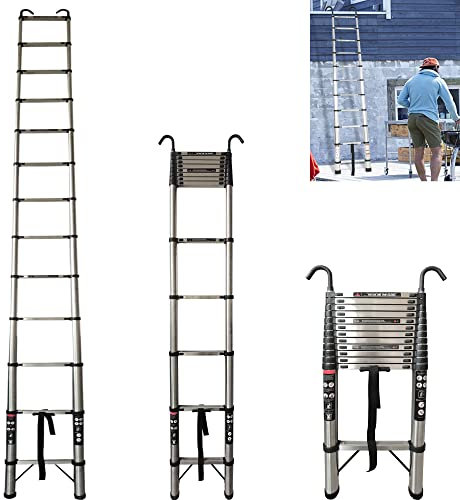5M Foldable Ladders Telescopic With 2 Hooks Stainless steel Extendable Extension 11 Steps150kg Max. Capacity EN131 Portable Loft Attic for Business Home Work DIY Builder