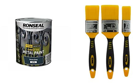 RONSEAL Direct to Metal Paint Storm Grey Satin 750ml & Coral 31416 Zero Paint Brushes with No Loss of Bristle Paintbrush Heads 3 Piece Pack Set, Yellow, Set of 3