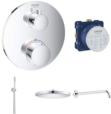 GROHE Shower Concealed Round Installation Set with Thermostatic Mixer, Shower Arm, Shower Head, Hand Shower, Chrome