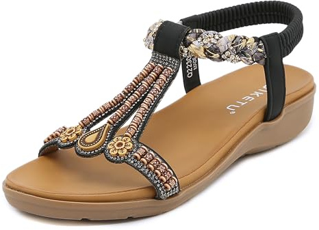 Meik Mangni Platta sandaler för kvinnor sommar damer mjuka lätta sandaler strass bohemiska sandaler skor för utomhus strand flip flops 3,5-8 UK, Stil C Svart, 37 EU