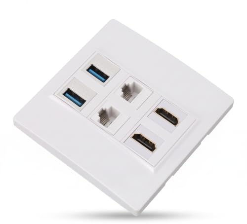 6 Port Multimedia Wall Plate, RJ45 HDMI USB 3.0 | Single Gang Wall Socket with ABS Material, 4K 60Hz Support for Home Theater, Solderless Wall Panel for Network and AV Devices